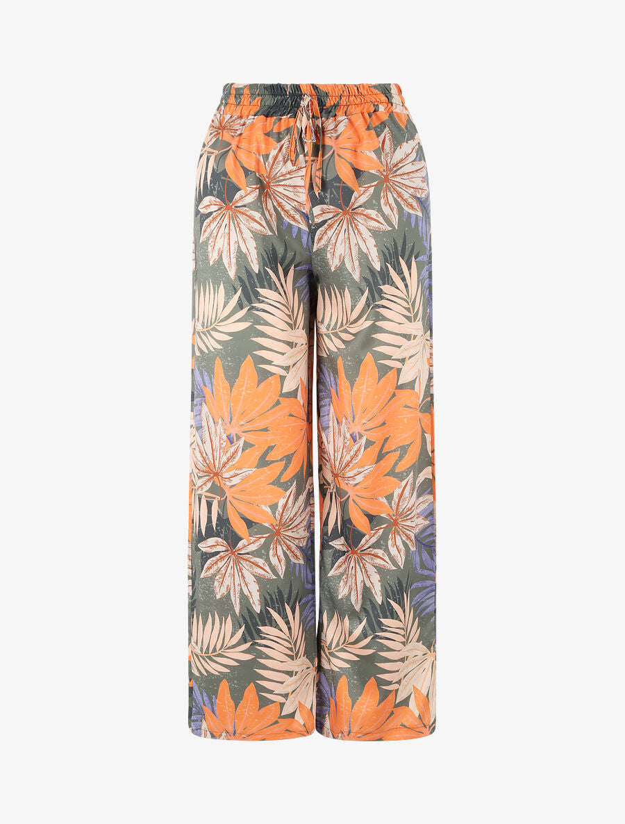 Pantalon droit taille haute imprimé tropical - Vert olive - 1