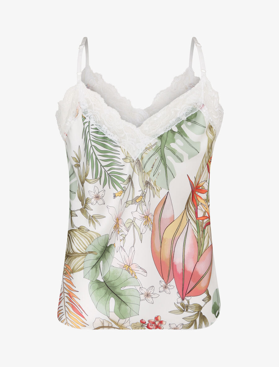 Caraco droit satiné imprimé fleurs diverses et col V en dentelle - Blanc - 2