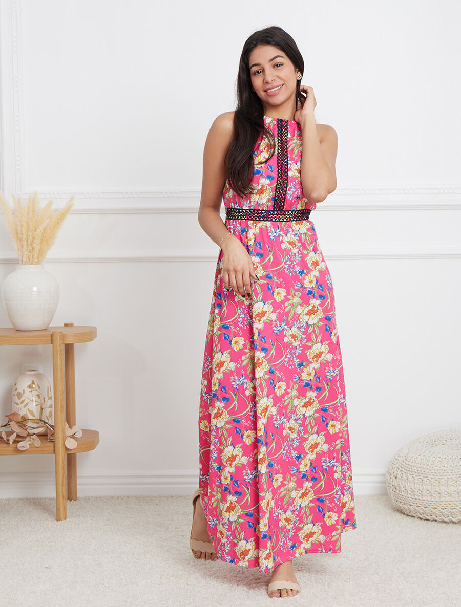 Robe longue à imprimé fleurs - Fushia - 1
