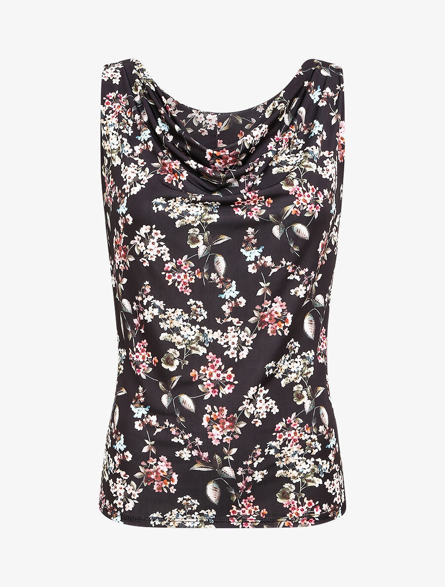 Top droit col bénitier imprimé fleurs printanières - Noir - 1