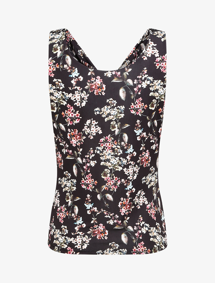 Top droit col bénitier imprimé fleurs printanières - Noir - 2