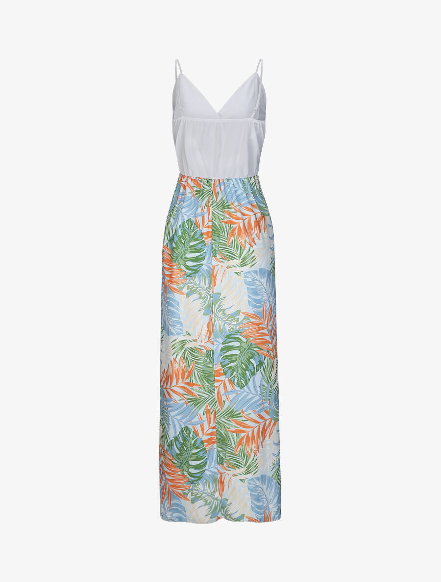 Robe longue empire imprimé plantes tropicales et buste dentelle - Bleu ciel - 2