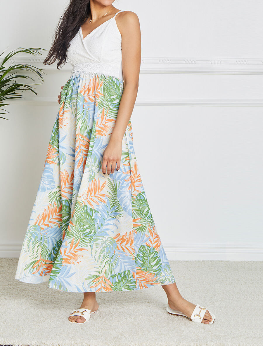 Robe longue empire imprimé plantes tropicales et buste dentelle - Bleu ciel - 4