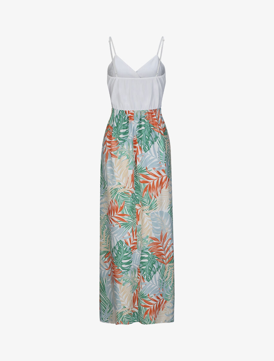 Robe longue empire imprimé plantes tropicales et buste dentelle - Blanc - 2