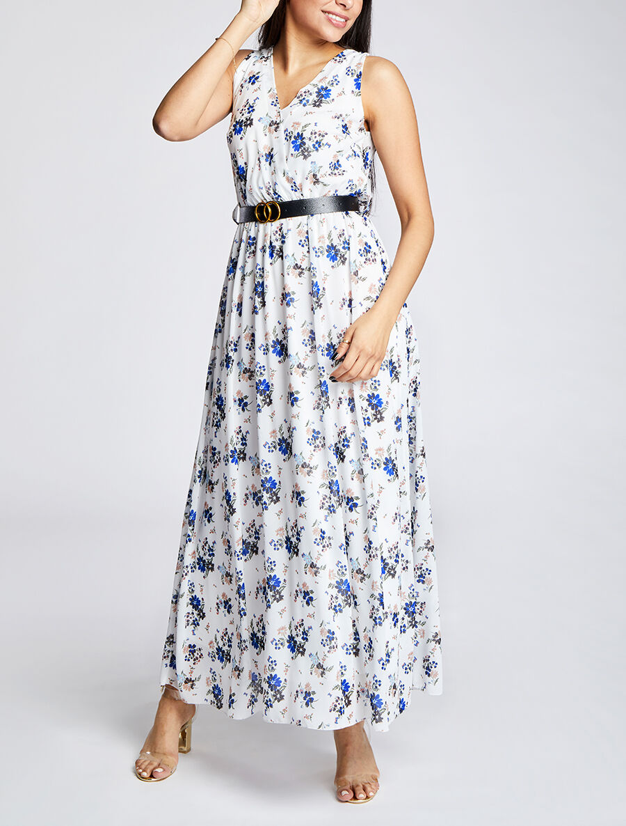 Robe longue à imprimé fleurs printanières - Blanc - 4