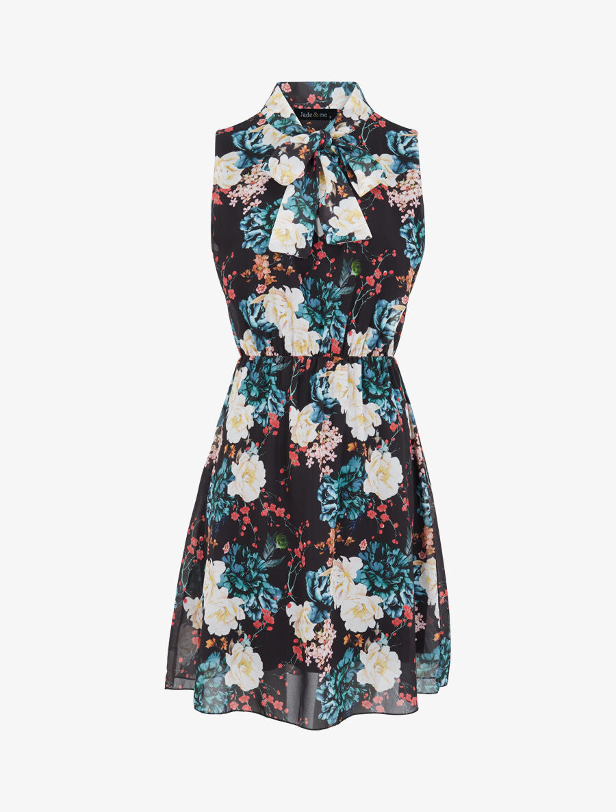 Robe imprimé bouquet de roses à col lavallière - Noir - 1