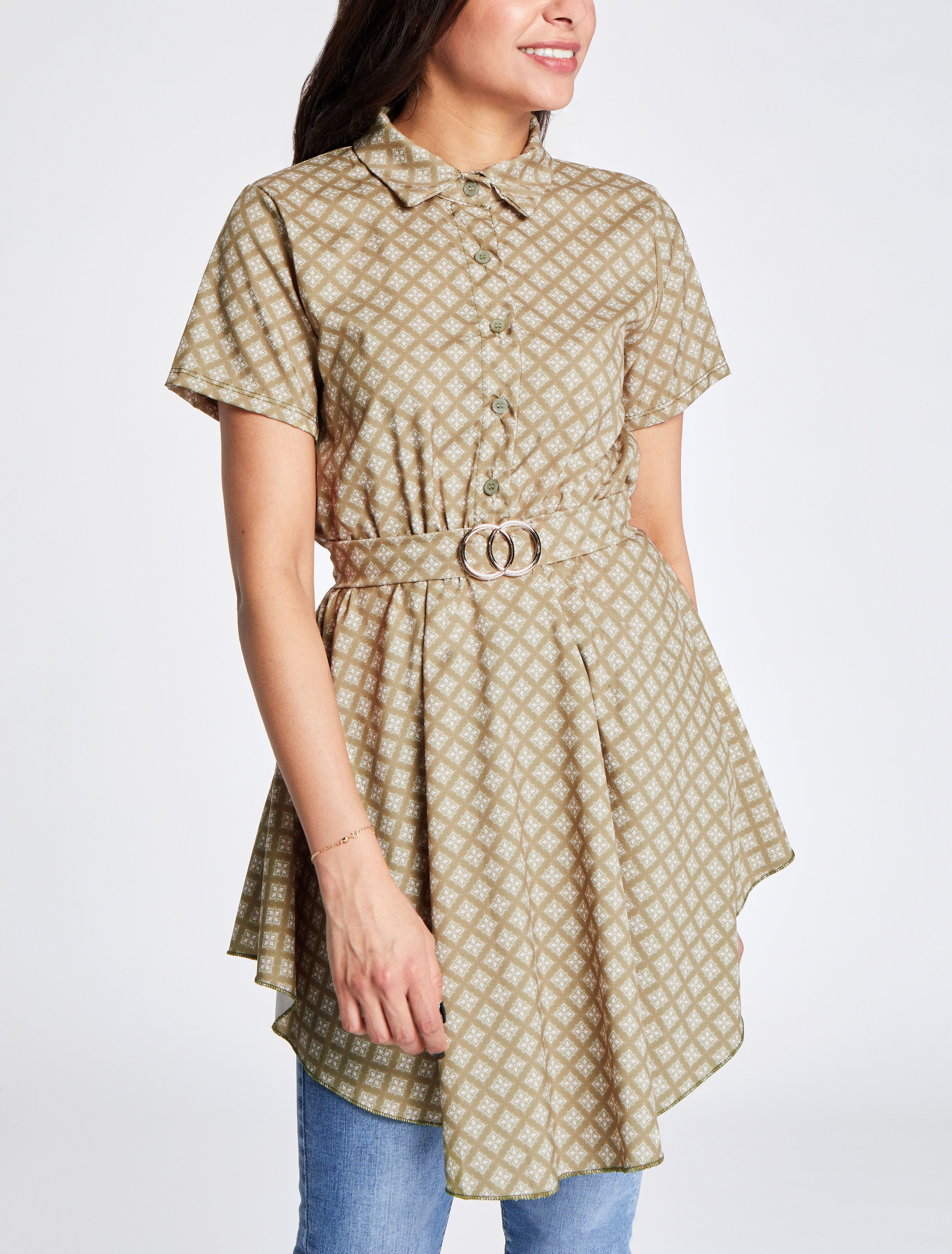 Tunique patineuse imprimé mosaïque à boucle dorée - Kaki - 4