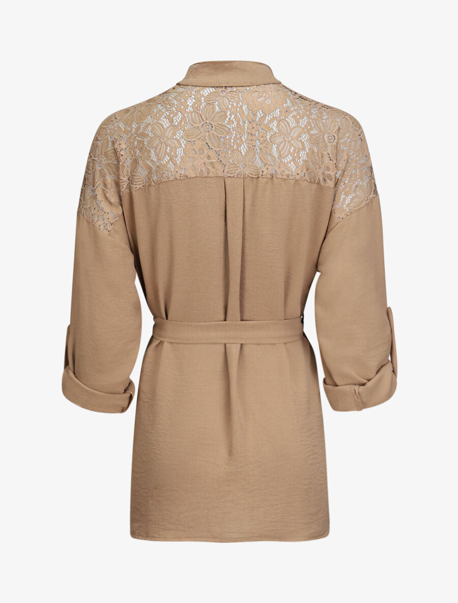 Tunique style chemise à détail dentelle - Camel - 2