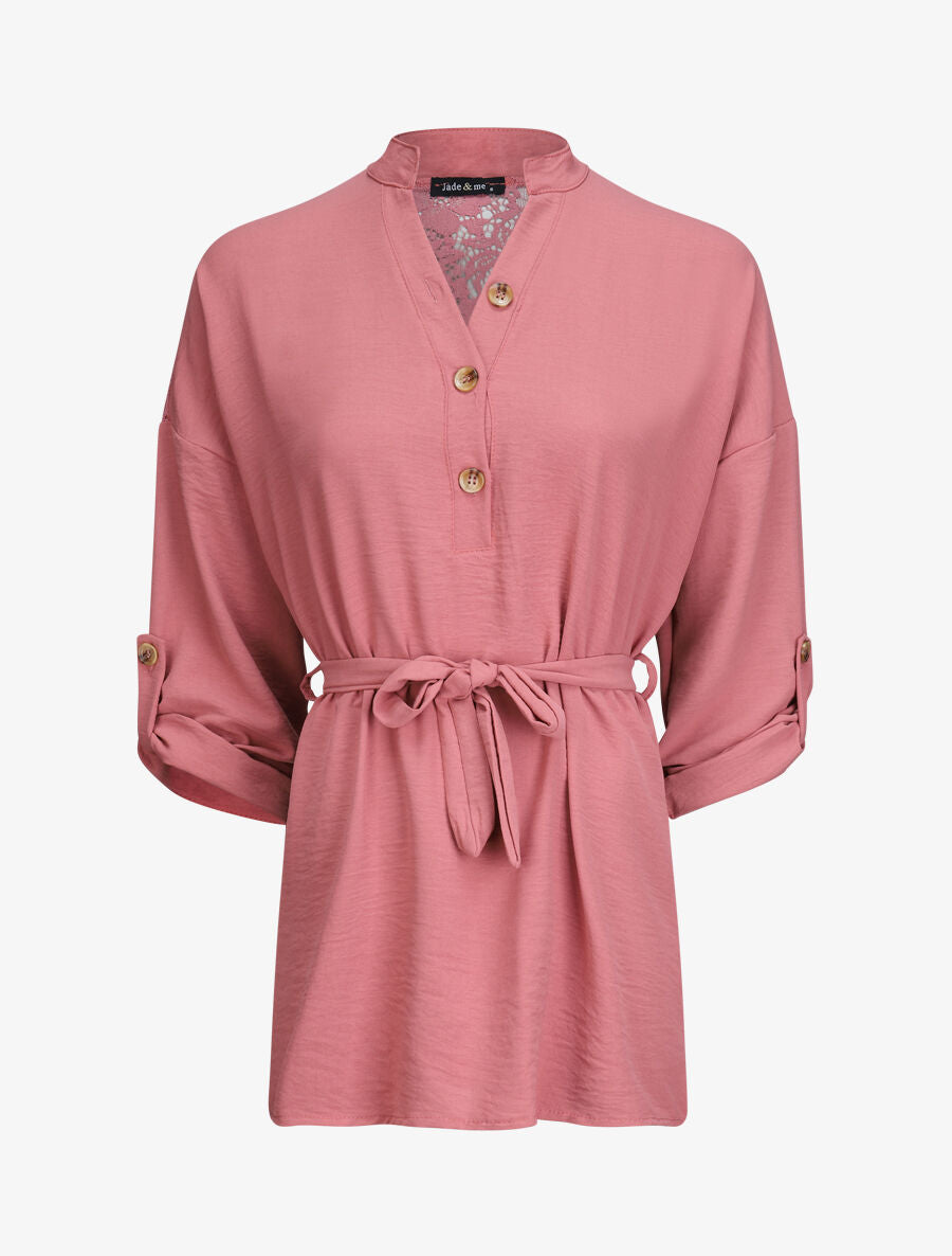 Tunique style chemise à détail dentelle - Vieux rose - 4