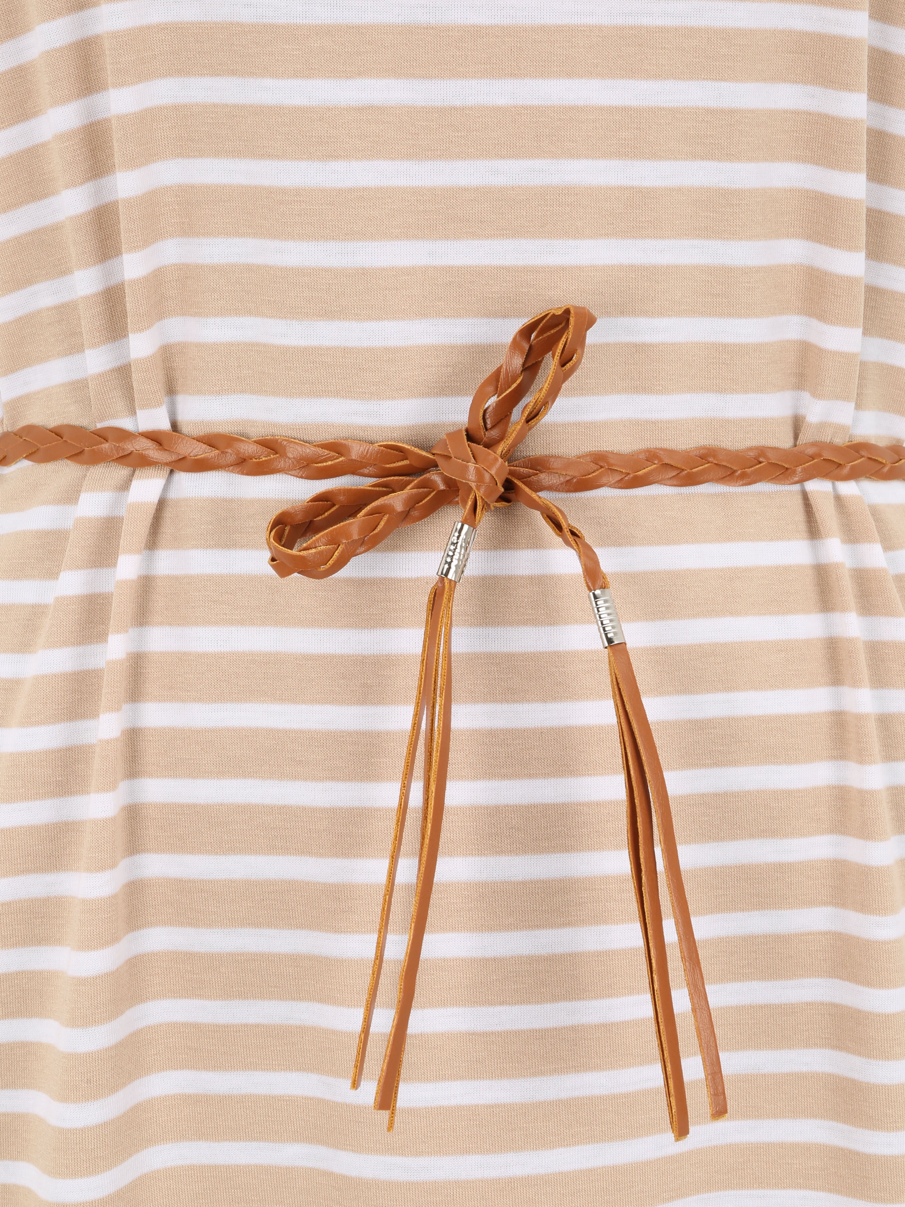 Robe courte droite rayée à manches courtes - Beige - 3