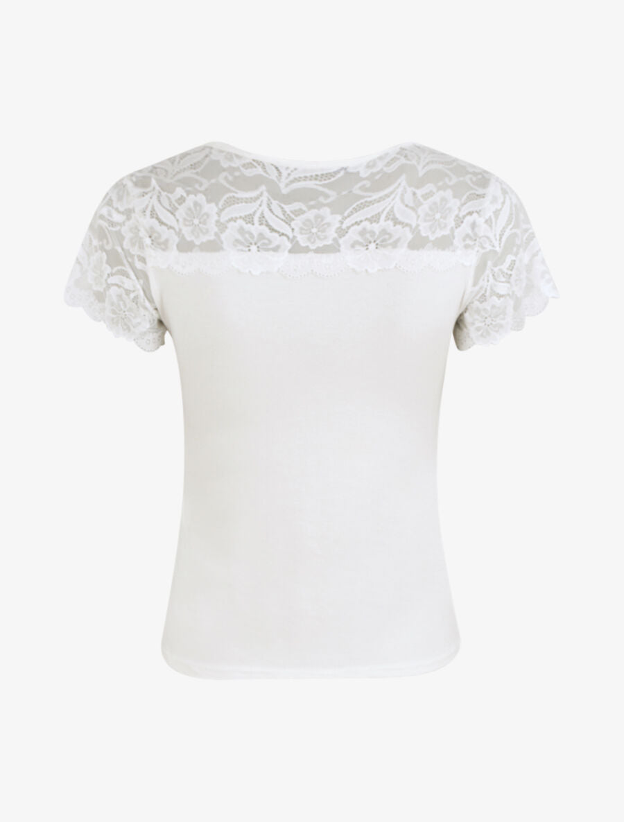 T-shirt ajusté à épaules en dentelle - Blanc - 2