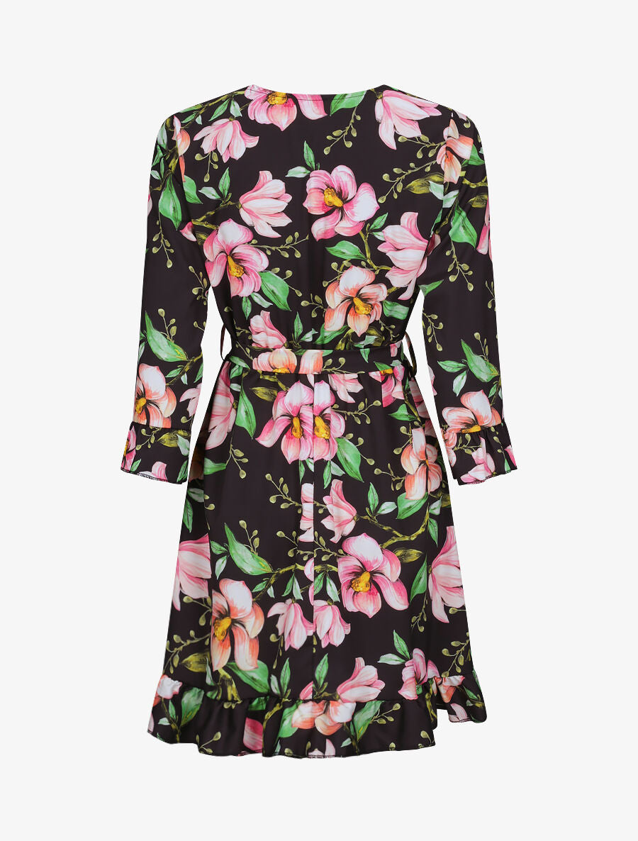 Robe imprimé fleurs printanières à manches et bords volantés - Noir - 2