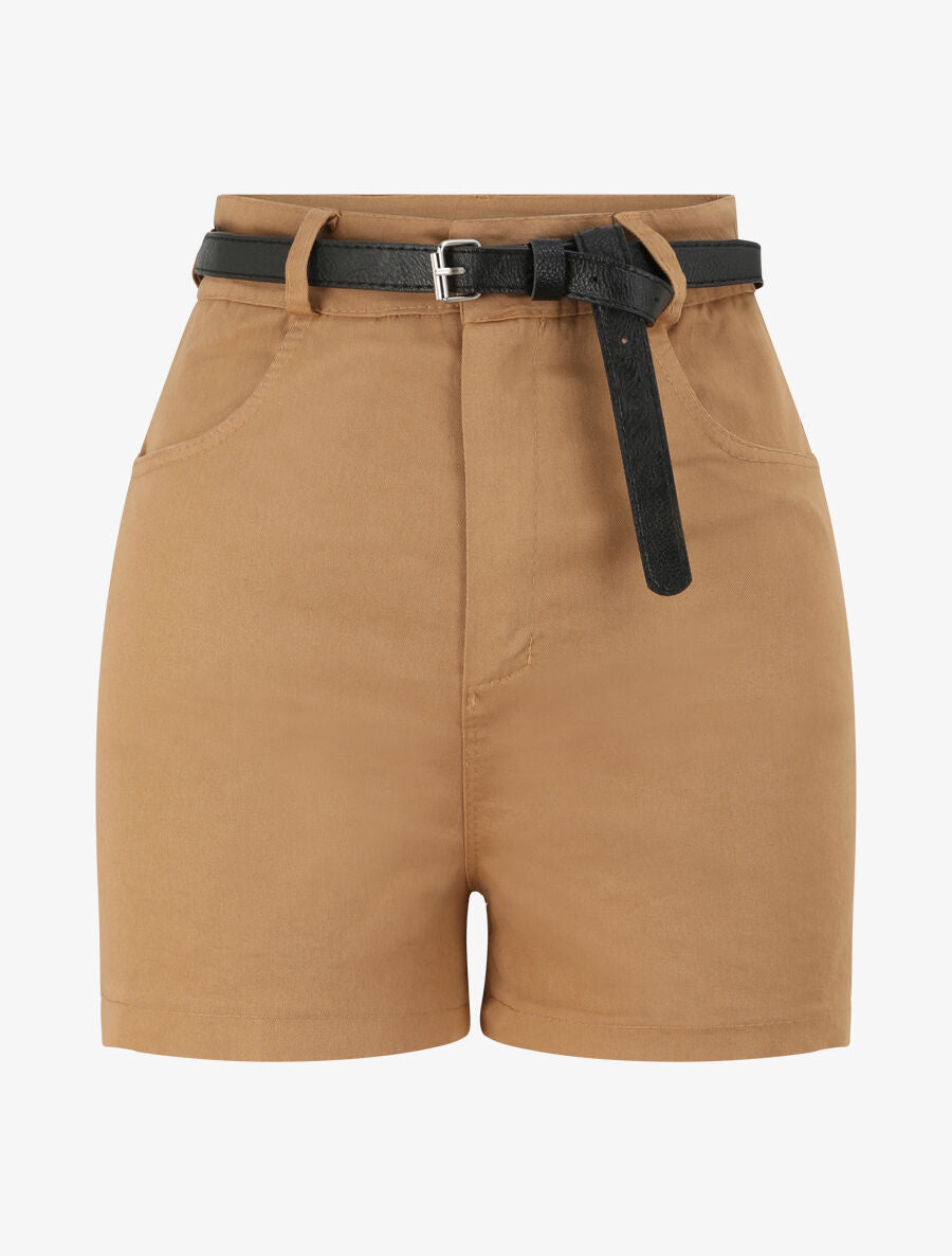 Short évasé uni à taille haute - Camel - 1