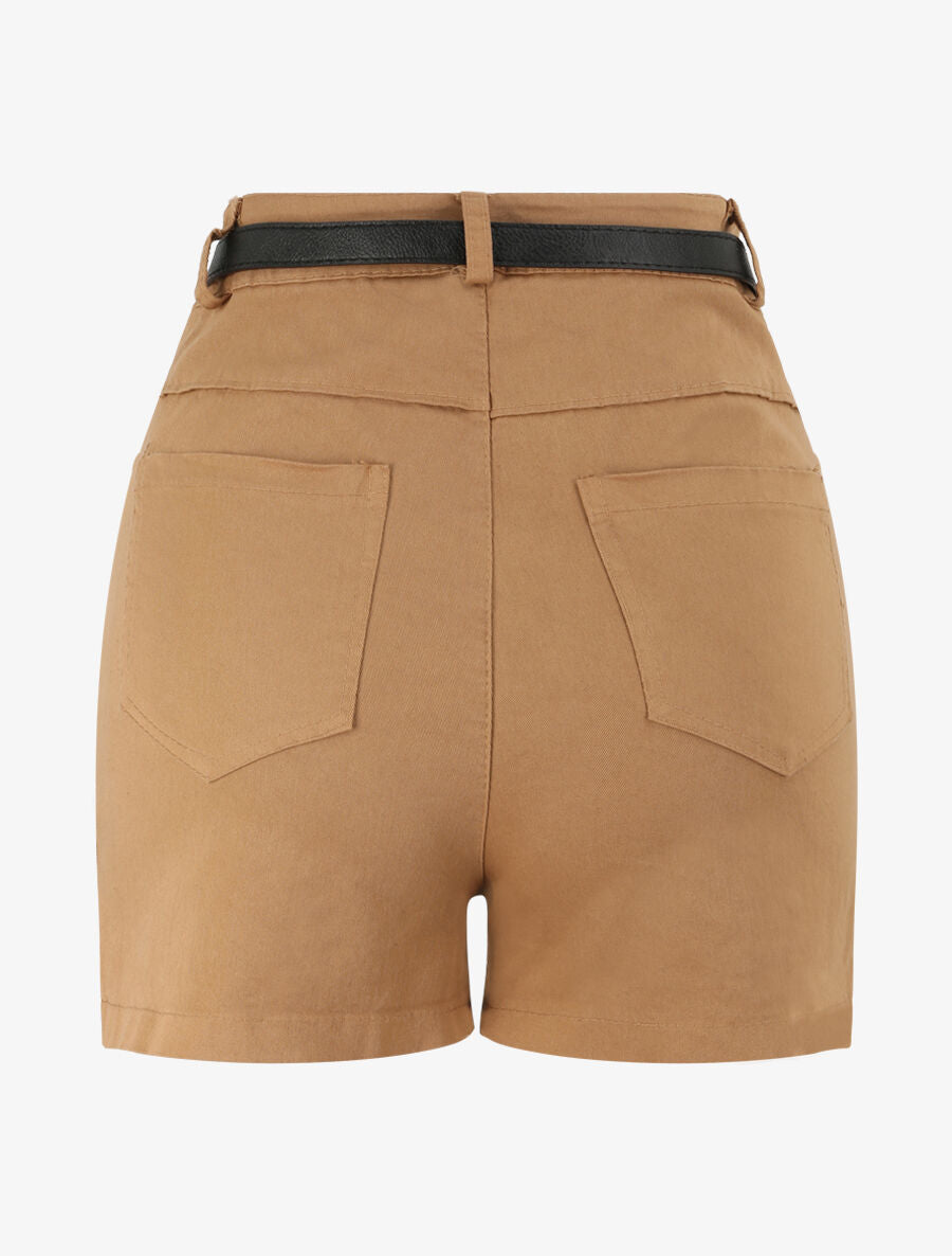 Short évasé uni à taille haute - Camel - 2