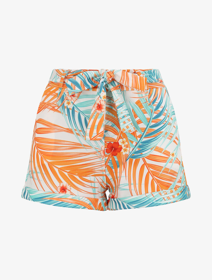 Mini short à imprimé feuilles tropicales et à revers - Vert - 5