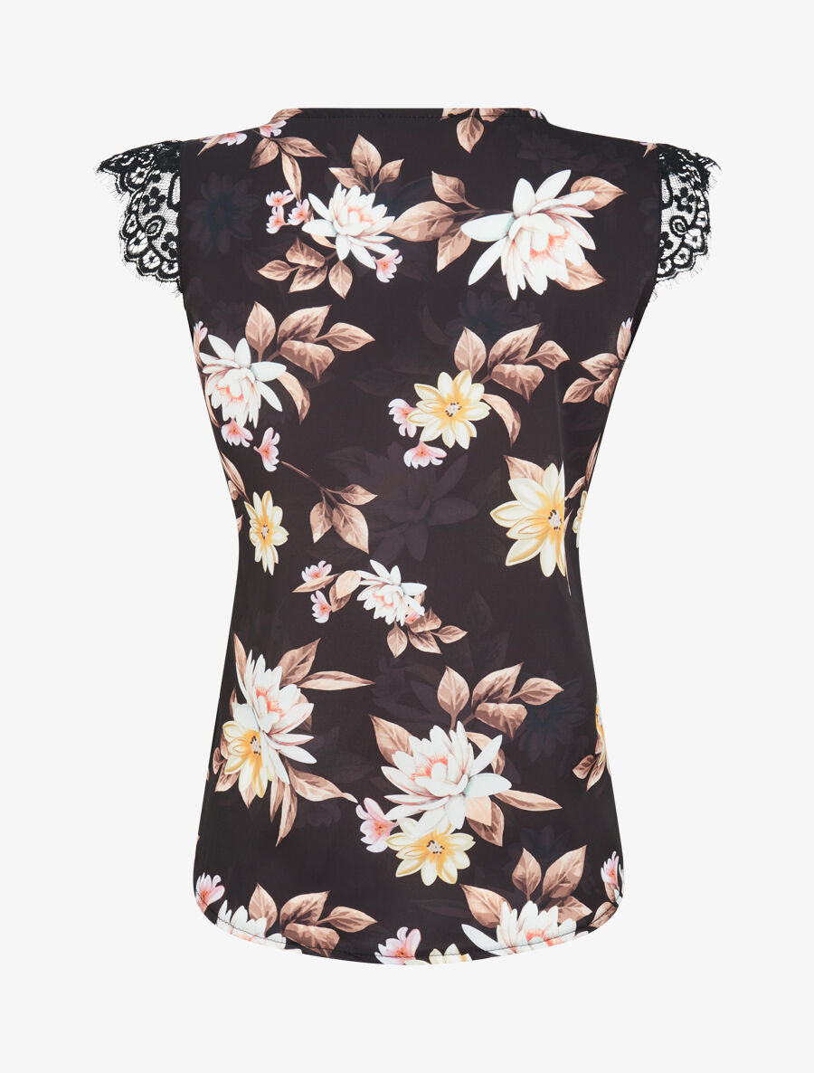 Top satiné imprimé fleurs de lotus à détail dentelle - Noir - 2