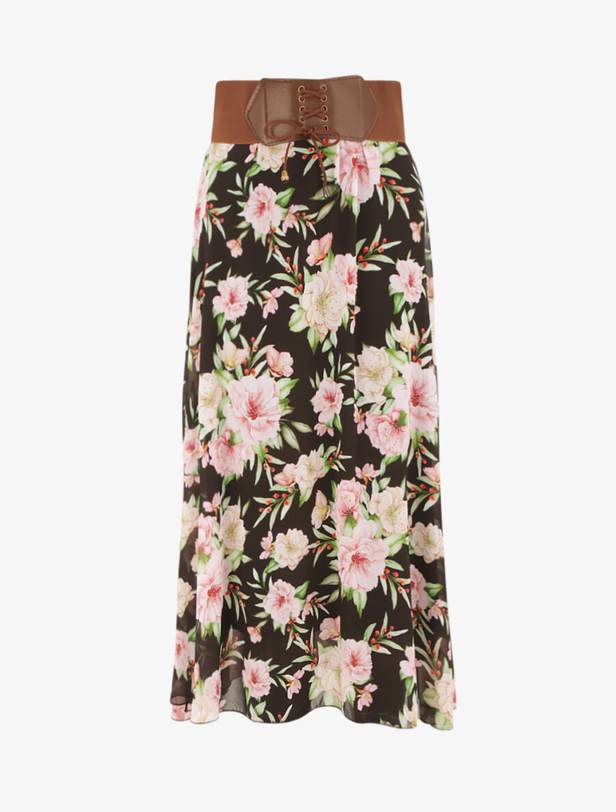 Jupe midi fluide imprimé floral - Noir - 5