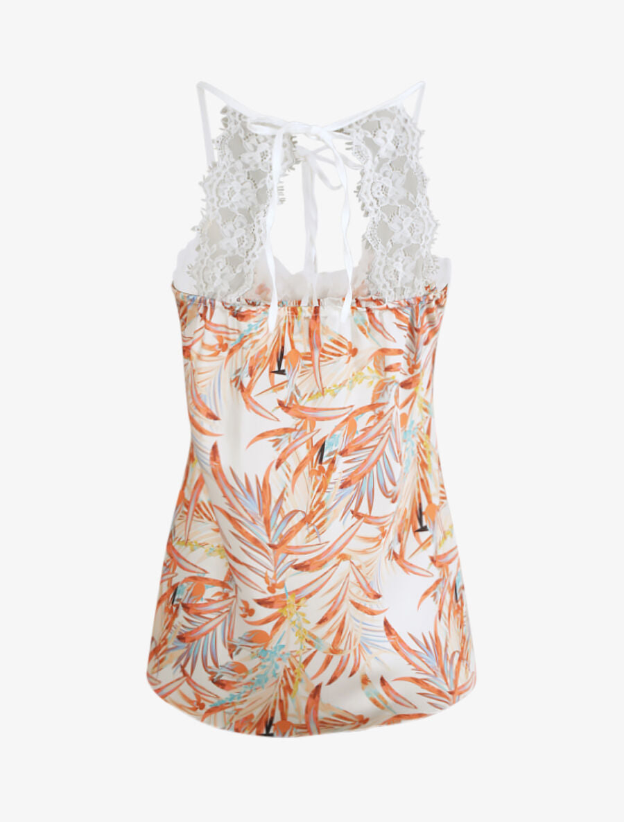 Caraco satiné à col dentelle et imprimé feuilles tropicales - Blanc - 2