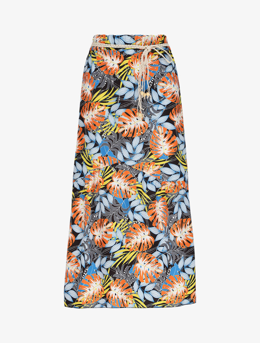 Jupe mi-longue à couture en V imprimé tropique stylisé - Noir - 4