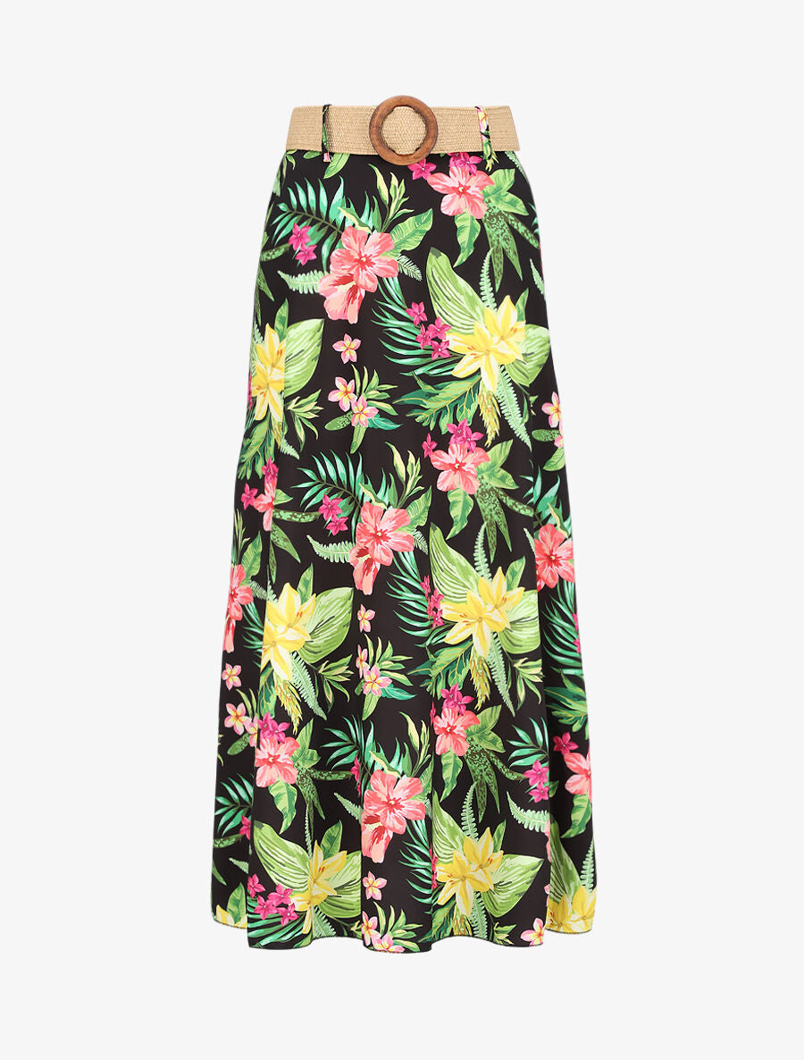 Jupe longue à imprimé tropical - Noir - 5