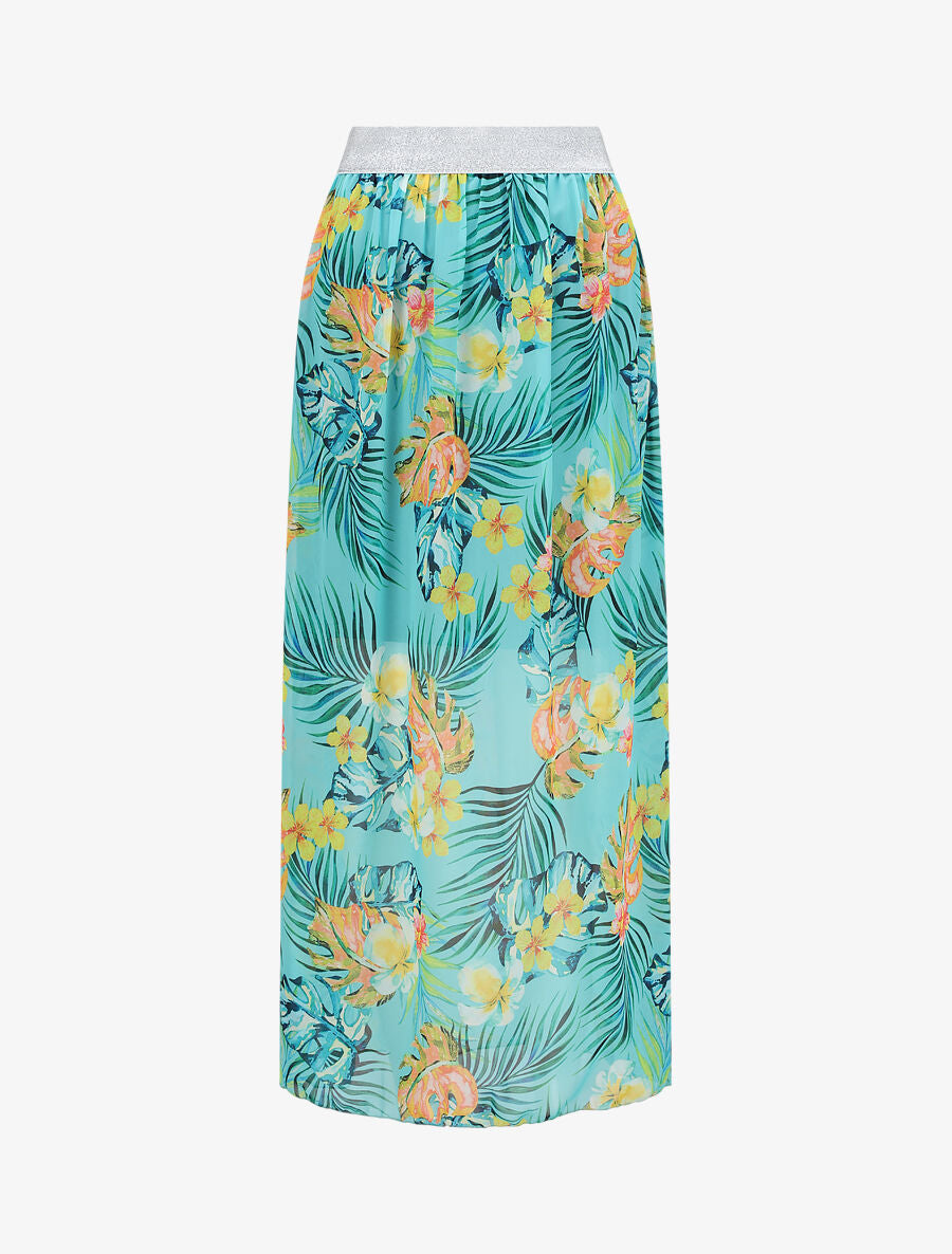 Jupe longue en voile imprimé tropical à ceinture contrastante - Bleu turquoise - 1