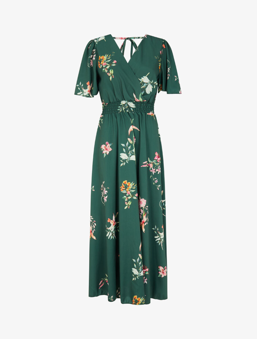 Robe longue imprimé fleurs de printemps à manches papillon - Vert émeraude - 1