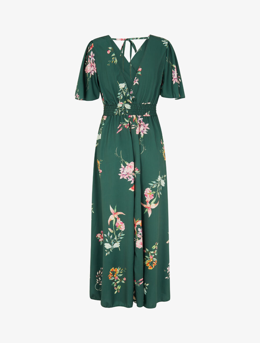 Robe longue imprimé fleurs de printemps à manches papillon - Vert émeraude - 2
