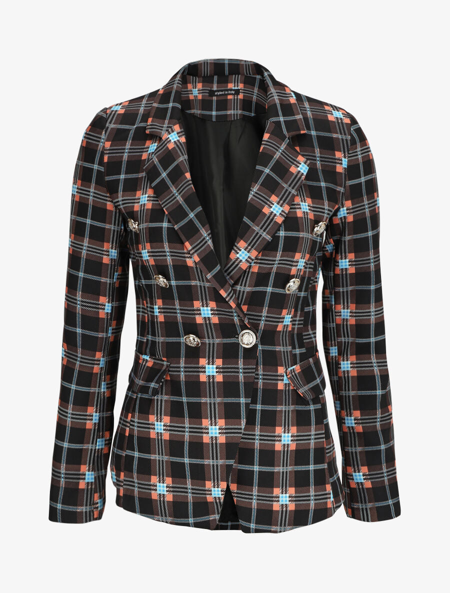 Blazer croisé à épaulettes imprimé carreaux - Noir - 1