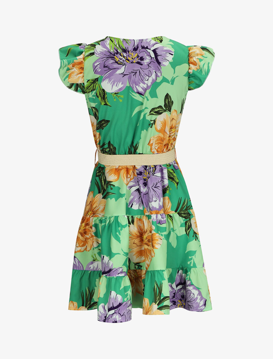 Robe patineuse volantée imprimé pivoines - Vert - 2