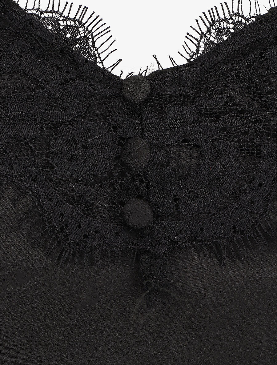 Caraco satiné à détail dentelle - Noir - 3