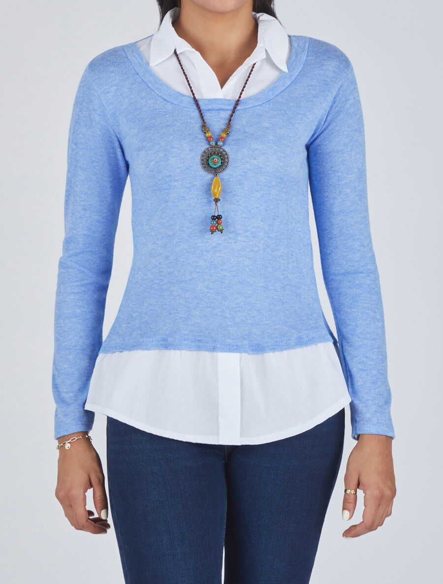 Pull à chemise superposée - Bleu ciel - 4