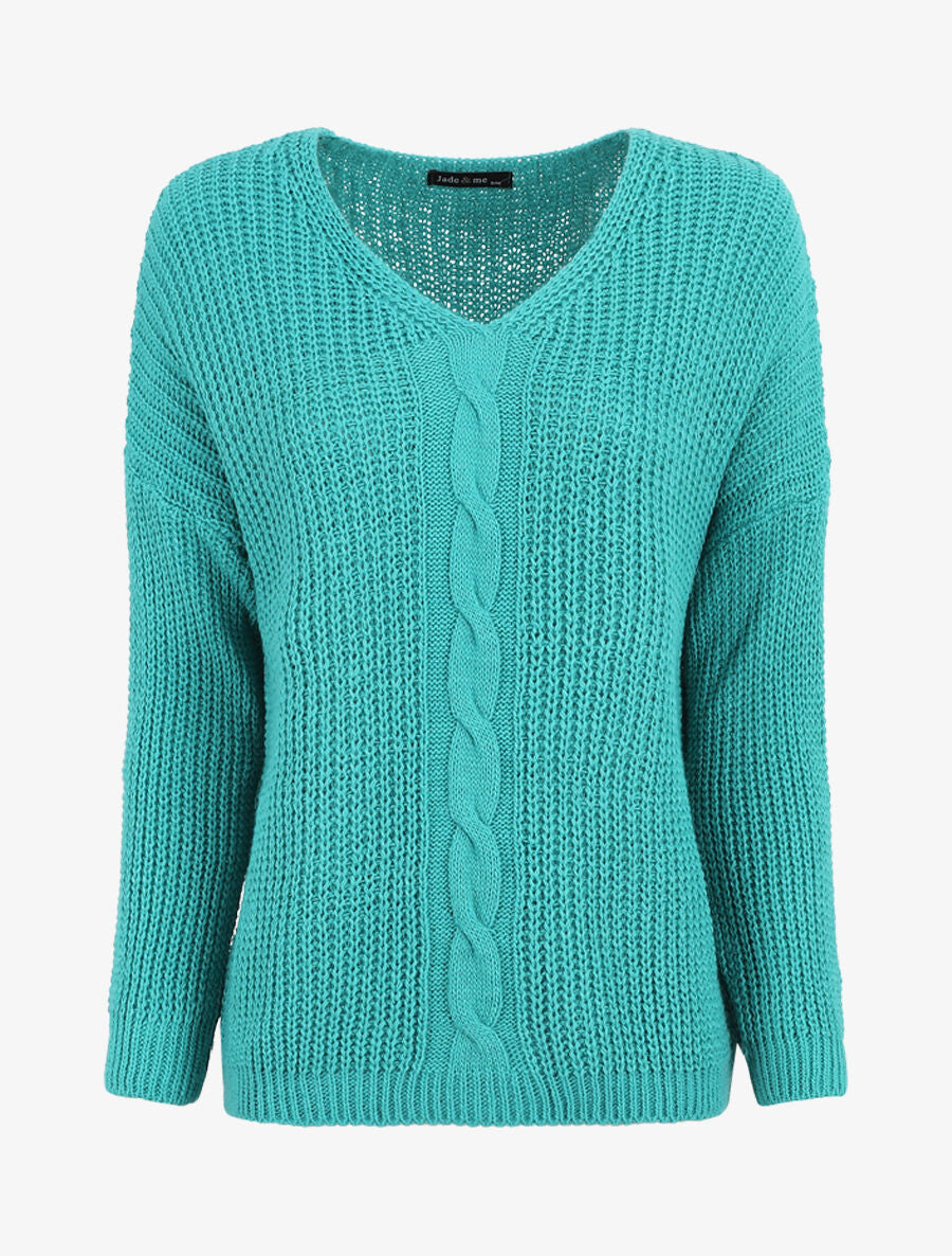 Pull uni à col V et torsade - Turquoise - 1
