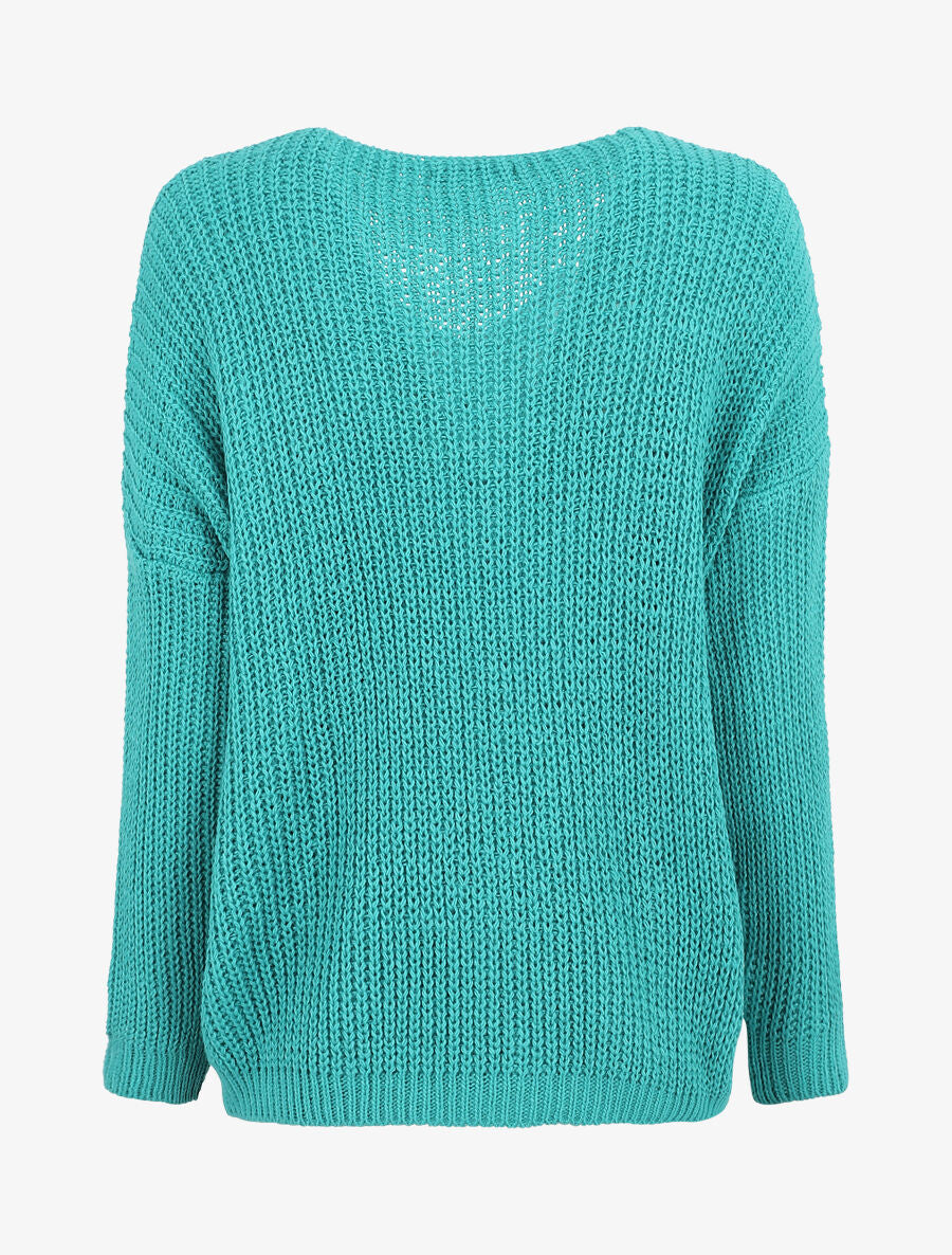 Pull uni à col V et torsade - Turquoise - 2