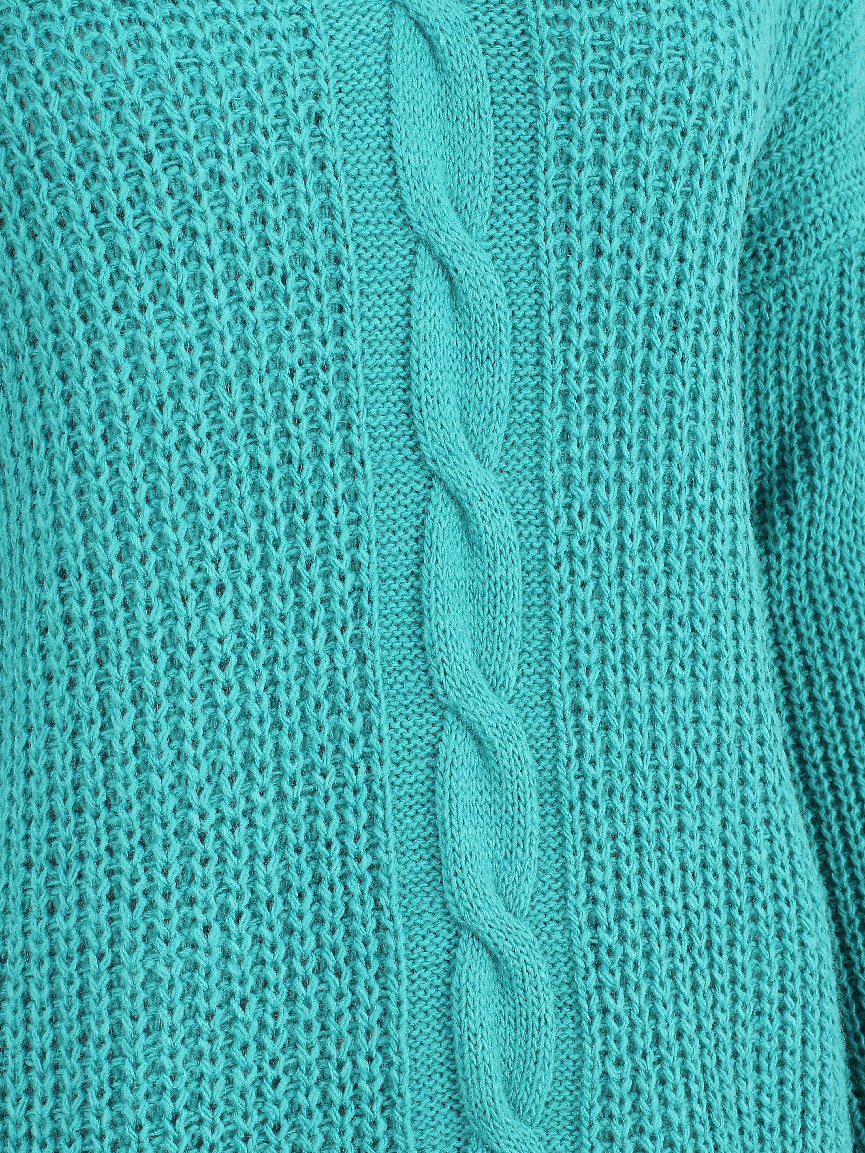 Pull uni à col V et torsade - Turquoise - 3