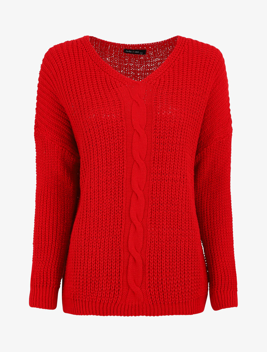 Pull uni à col V et torsade - Rouge - 5