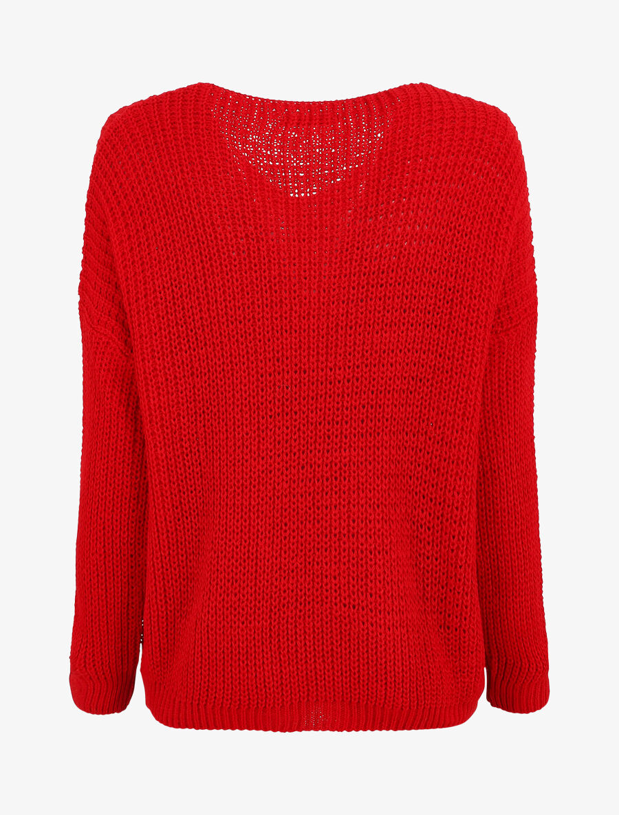 Pull uni à col V et torsade - Rouge - 2
