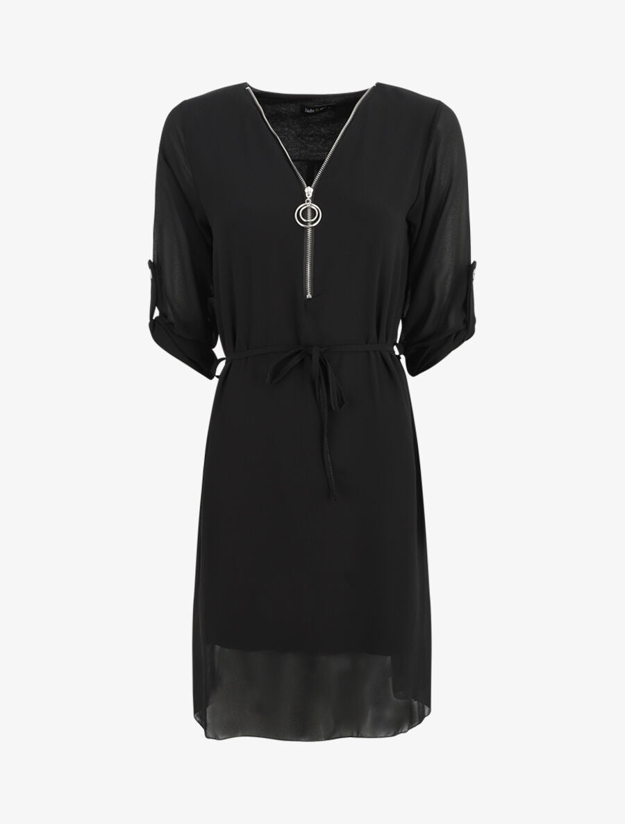 Robe en voile à col V zippée - Noir - 1