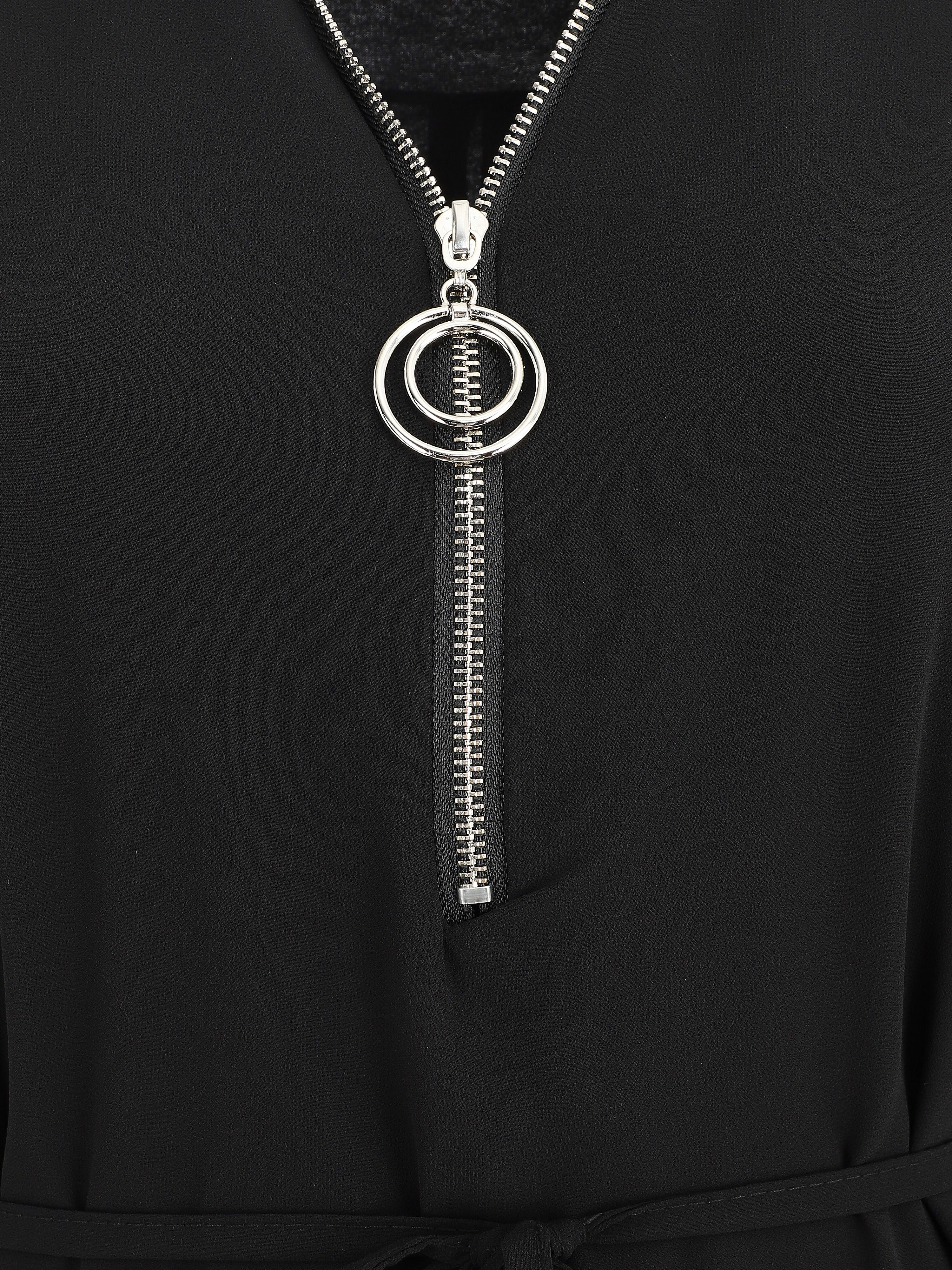 Robe en voile à col V zippée - Noir - 3