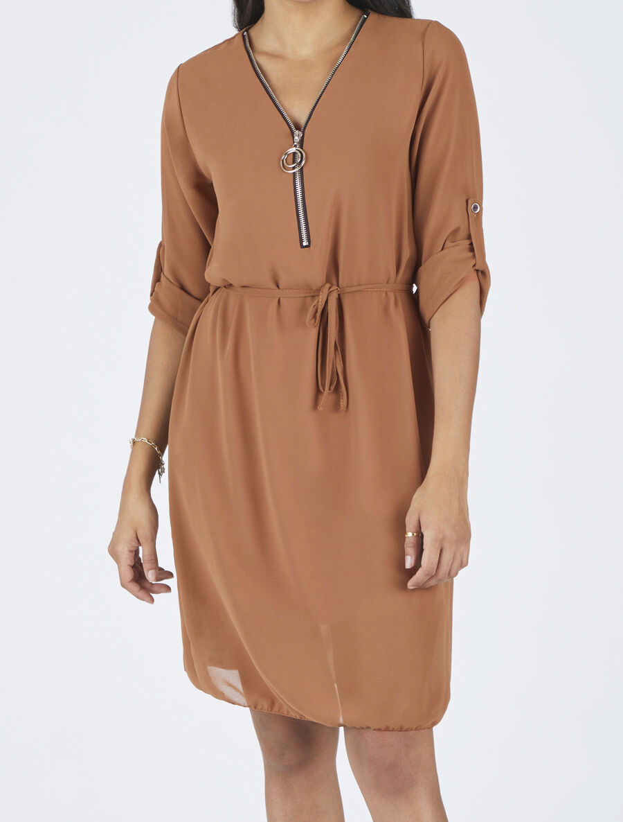 Robe en voile à col V zippée - Camel - 4