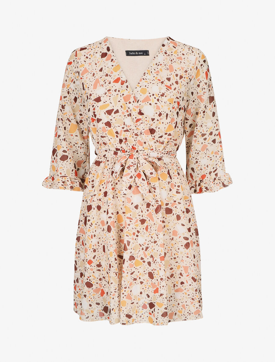 Robe cache-coeur à manches transparentes imprimé graphique - Beige - 5