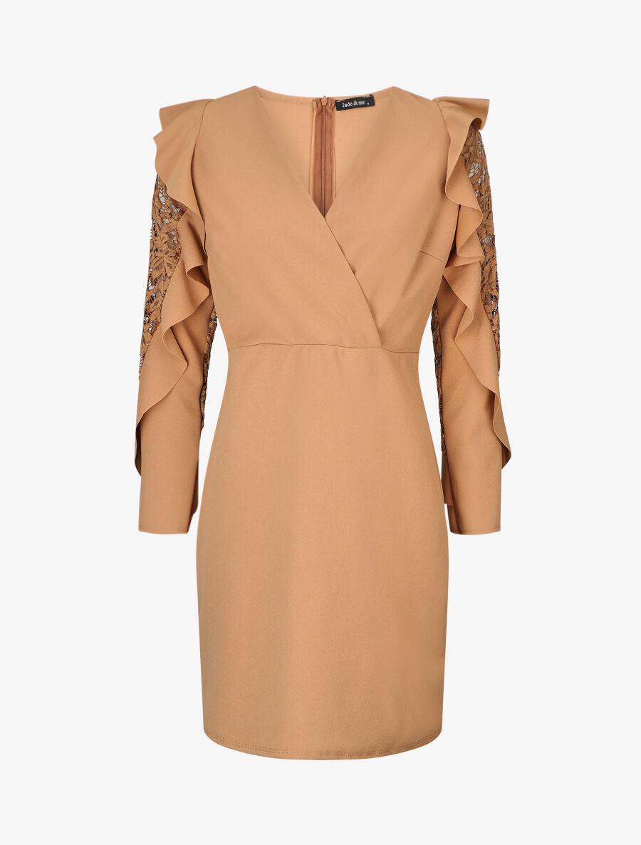 Robe unie à manches longues volantées en dentelle - Camel - 1