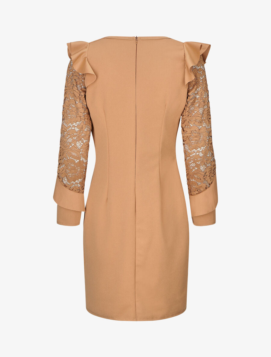 Robe unie à manches longues volantées en dentelle - Camel - 2