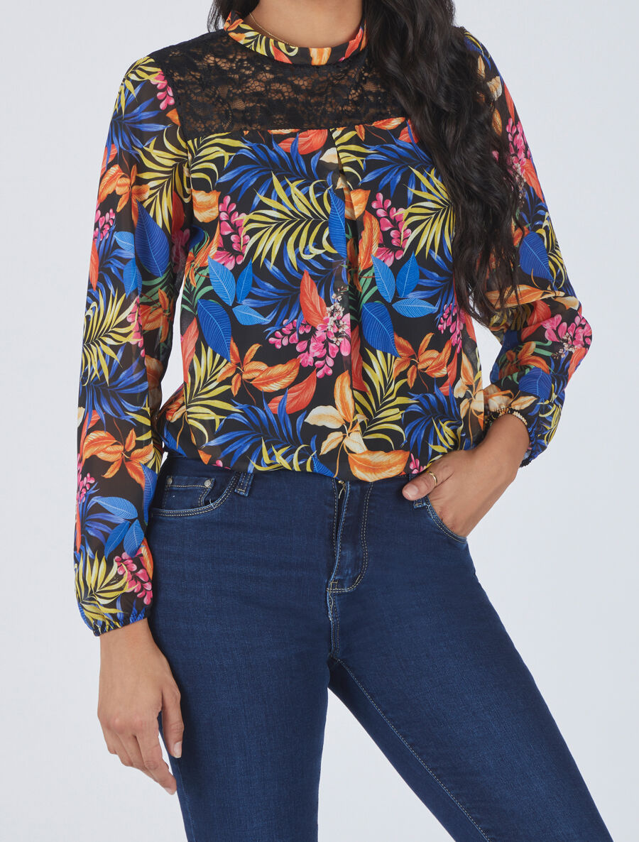 Blouse en voile imprimé tropical - Noir - 4