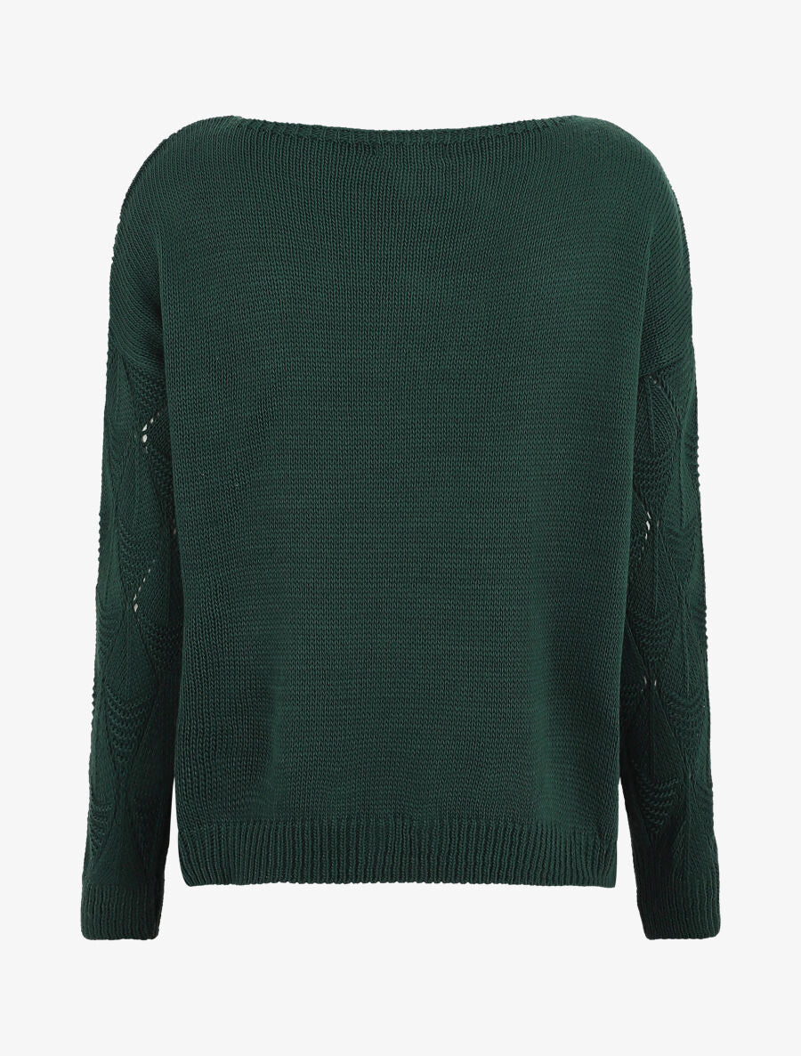 Pull uni en maille ajourée - Vert sapin - 2