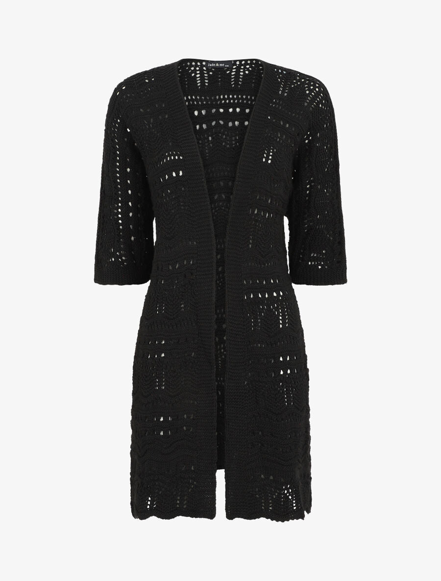 Gilet long en maille ajourée à manches 3/4 - Noir - 4