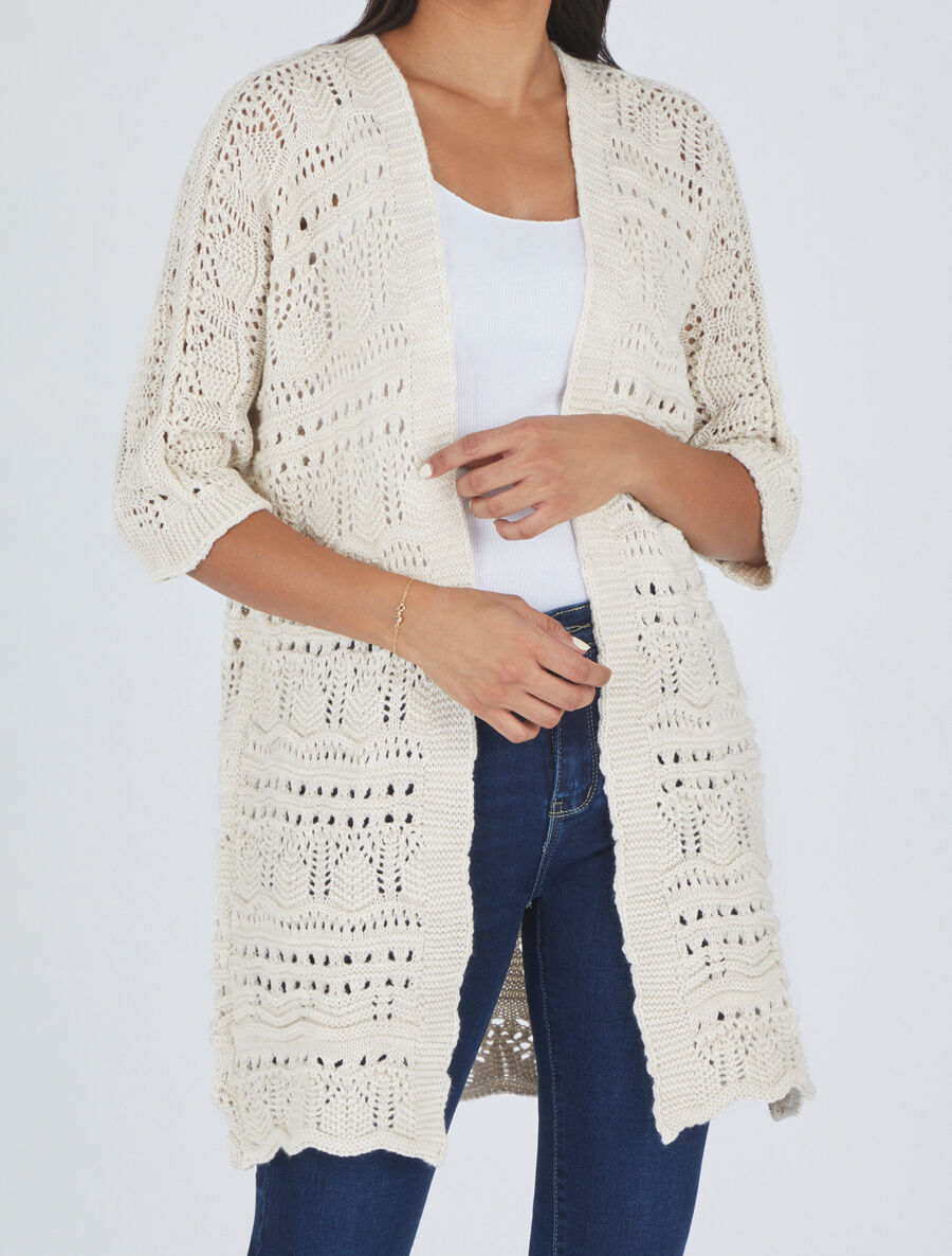 Gilet long en maille ajourée à manches 3/4 - Beige - 4