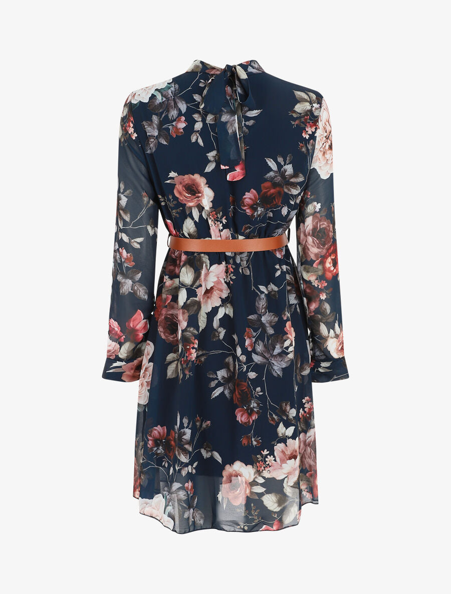 Robe évasée col montant imprimé floral - Marine - 2