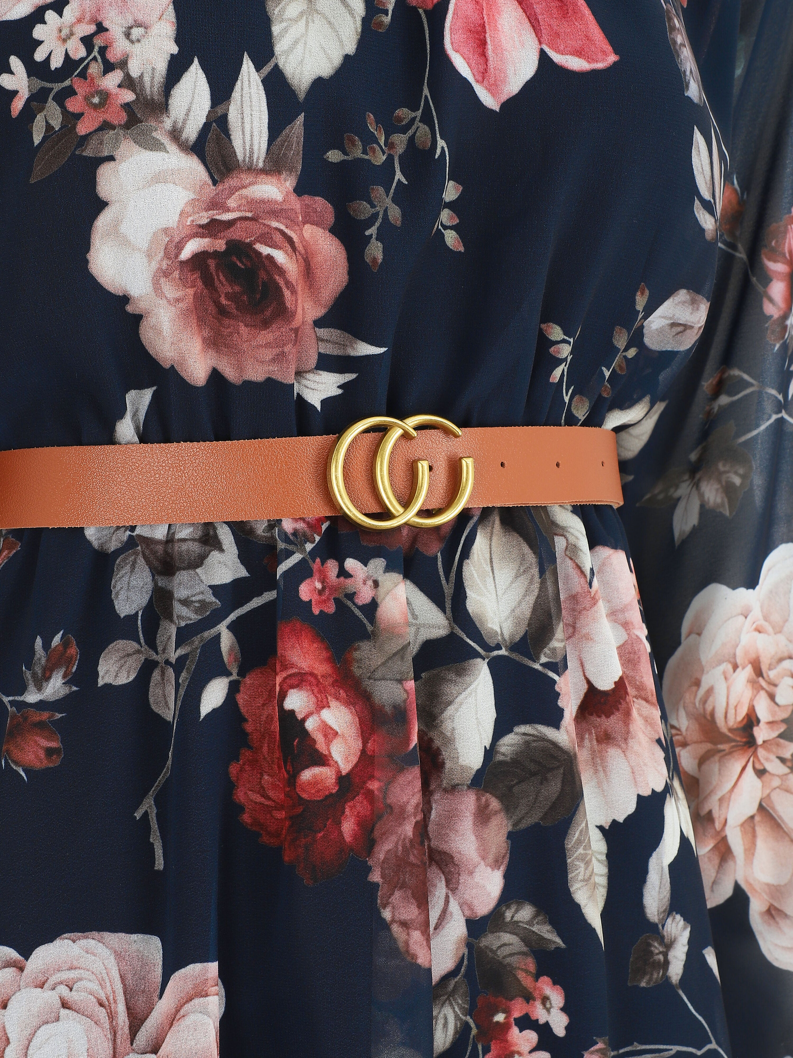 Robe évasée col montant imprimé floral - Marine - 3