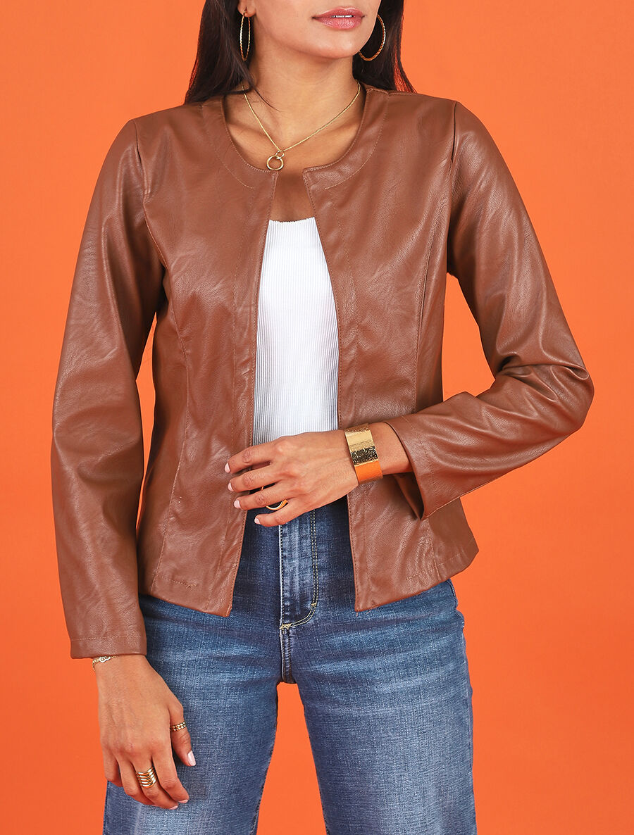 Veste ouverte en simili - Marron - 4