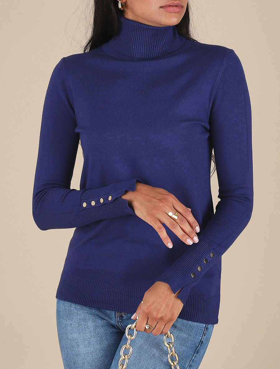 Pull col roulé à poignets boutonnés - Bleu - 3